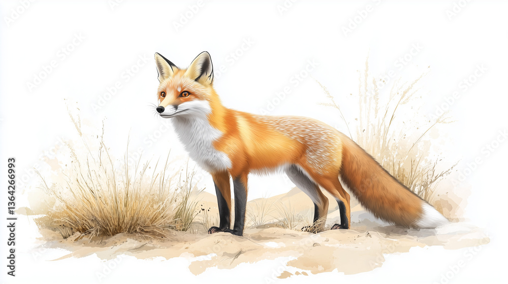 Red fox standing gracefully in a natural grassland setting Red fox standing gracefully in a natural grassland setting