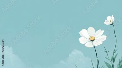 Delicate white flowers on soft blue background, serene and tranquil atmosphere, perfect for calming visuals or nature themes.