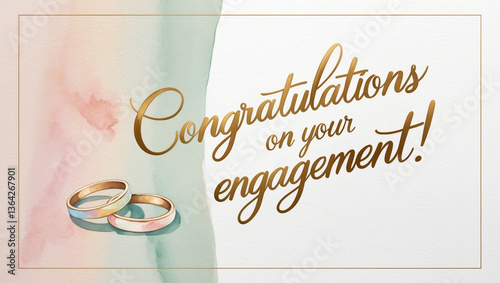 Engagement Congratulations card with a watercolor wedding rings on the left, against a golden cursive handwritten script Congratulations on your engagement on cream background