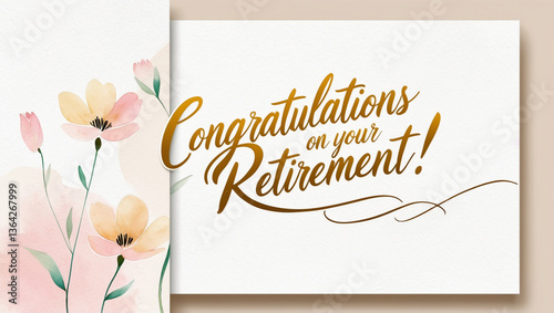 Retirement Congratulations card with a watercolor flowers on the left, against a golden cursive handwritten script Congratulations on your retirement on cream background