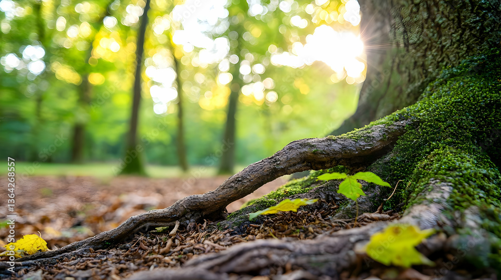 Fototapeta premium Closeup Of Tree Root System With Sunlit Green Foliage And Golden Sunlight In Forest