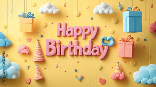 A cheerful pastel-colored birthday celebration with fluffy clouds, presents, and party hats adorning a vibrant yellow background, conveying joy and festivity.