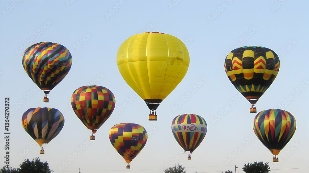 Obraz premium Colorful hot air balloons ascending in a clear sky over a rural landscape; ideal for travel brochures