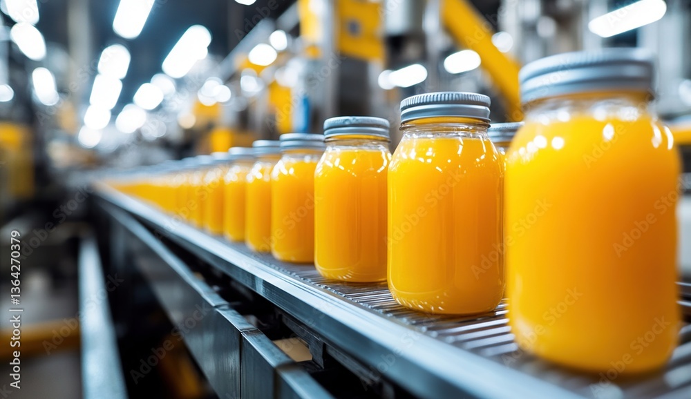 Bright Orange Juice Jars on Conveyor Belt in Modern Food Processing Plant Bright Orange Juice Jars on Conveyor Belt in Modern Food Processing Plant