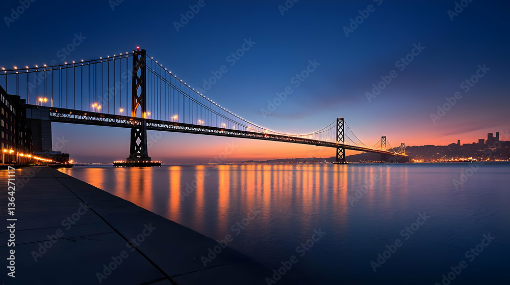 Fototapeta premium Suspension Bridge Lit at Sunset Reflecting on Calm Bay Water with City Skyline in Background