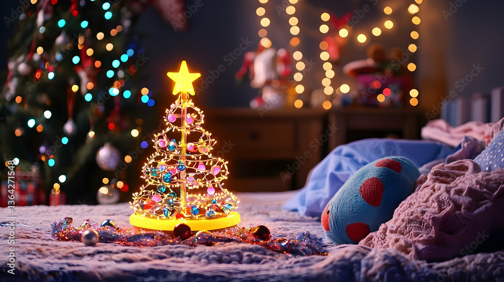 Naklejka premium Festive miniature Christmas tree on bedroom bed, lights & ornaments, holiday background, ideal for cards