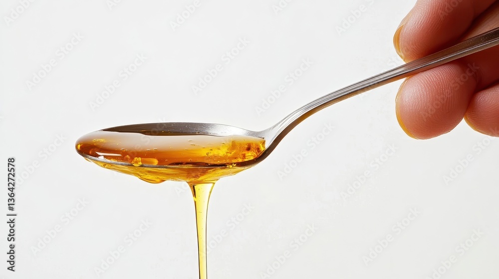 A spoon being held with golden liquid dripping downwards slowly A spoon being held with golden liquid dripping downwards slowly