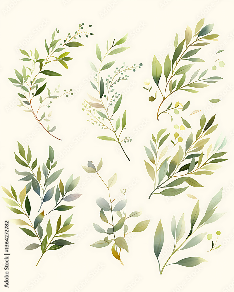 Fototapeta premium .Illustration of trees, leaves, grass and various botanical elements on a white background.