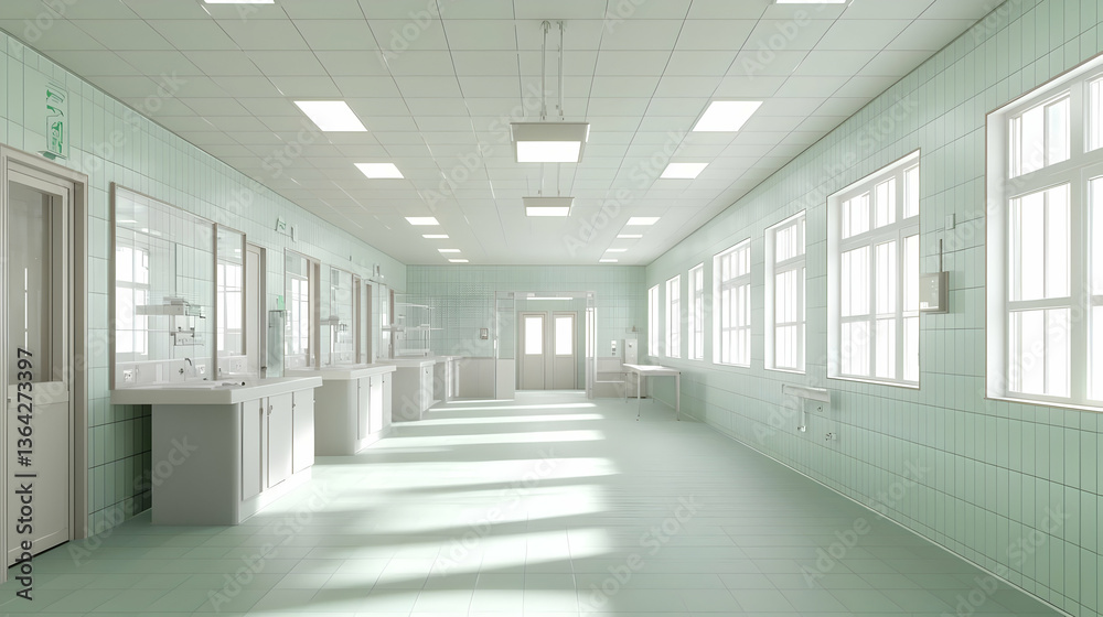 Fototapeta premium Spacious Laboratory Interior With White Counters And Windows Under Bright Ceiling Lights