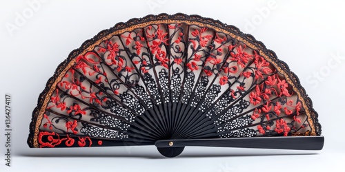 Elegant black and red hand fan with floral embroidery on white background