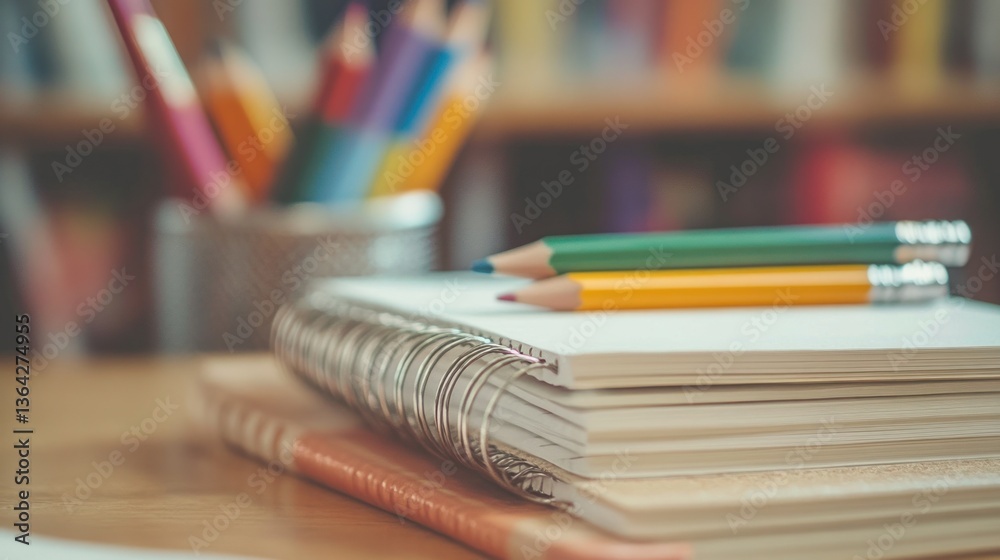 A Stack of Notebooks with Pencils on a Wooden Desk A Stack of Notebooks with Pencils on a Wooden Desk