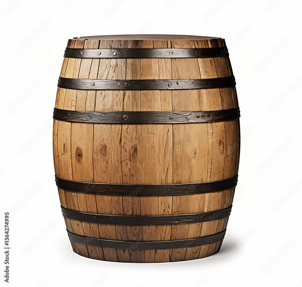 Fototapeta premium Classic oak barrels with rustic details, isolated clipart. on white background. 