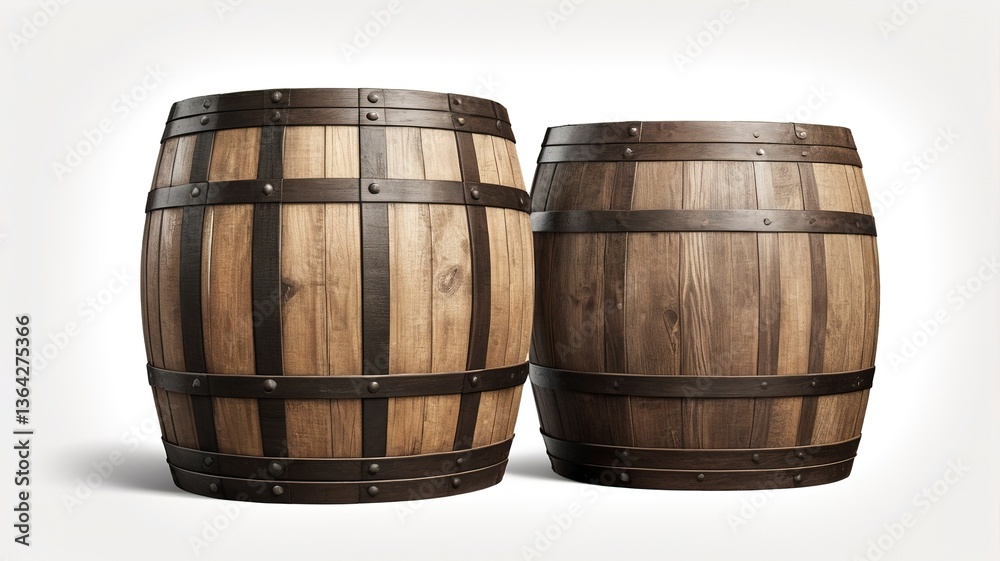Obraz premium Traditional oak barrels with antique appeal, isolated on white background. . 