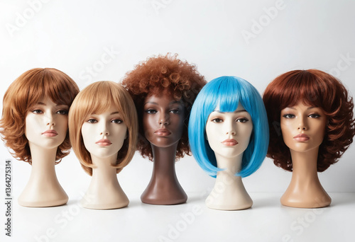 A row of wigs with different colors and styles