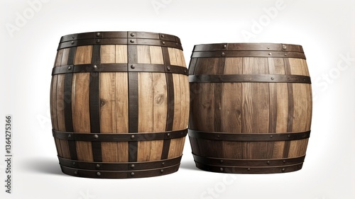 Traditional oak barrels with antique appeal, isolated on white background.  .  