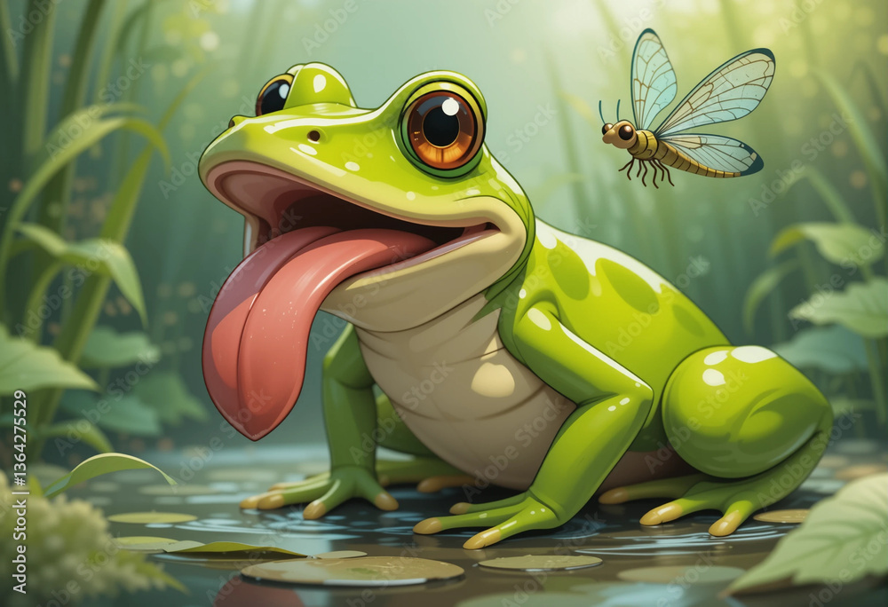 Fototapeta premium A frog with a tongue sticking out is sitting in a pond