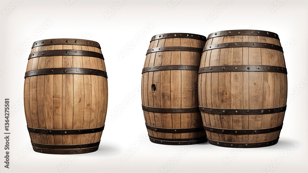 Obraz premium Weathered oak barrels with vintage charm on white background.