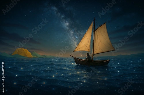 Serene Nighttime Voyage Across a Starlit Ocean with Polygonal Landscape