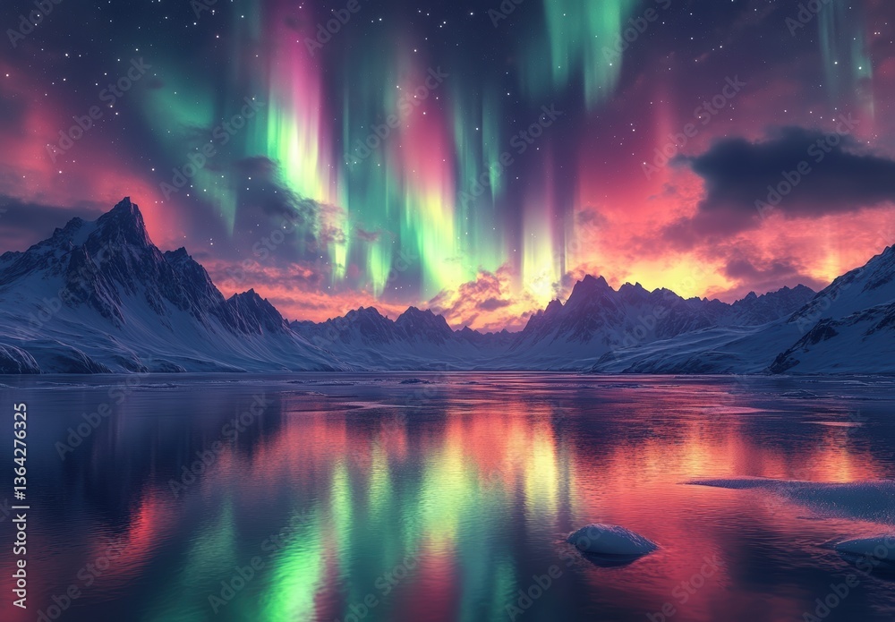Stunning Aurora Borealis Illuminating Lake and Majestic Mountains at Twilight Stunning Aurora Borealis Illuminating Lake and Majestic Mountains at Twilight