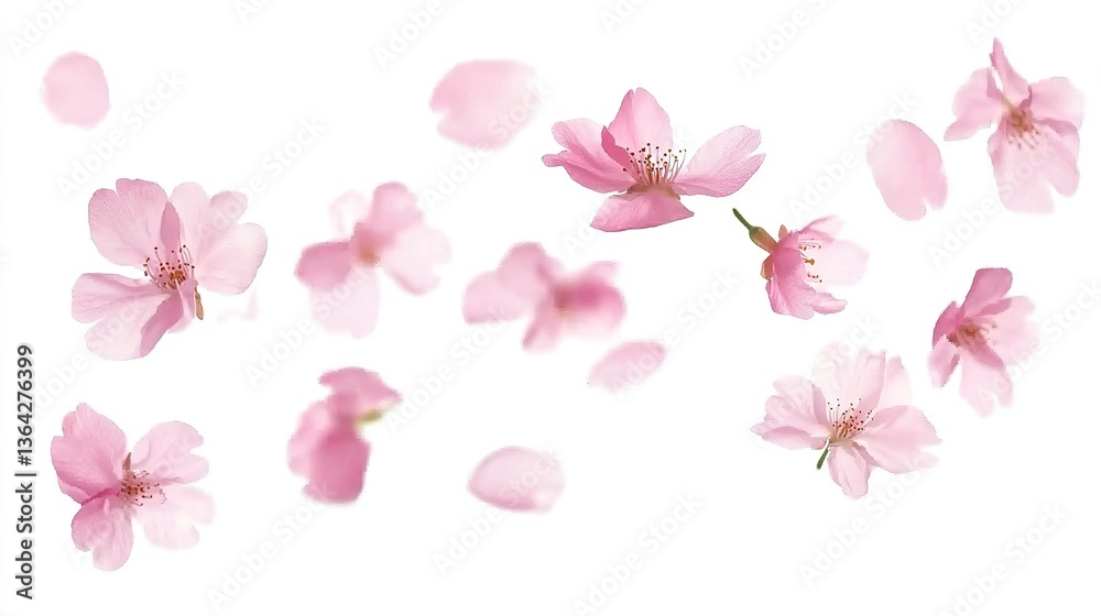 Soft pink sakura petals with detailed cut-out silhouettes drifting diagonally, isolated on pure white with shadow effects. Premium PNG collection for luxury cosmetic packaging, stationery design, or s Soft pink sakura petals with detailed cut-out silhouettes drifting diagonally, isolated on pure white with shadow effects. Premium PNG collection for luxury cosmetic packaging, stationery design, or s