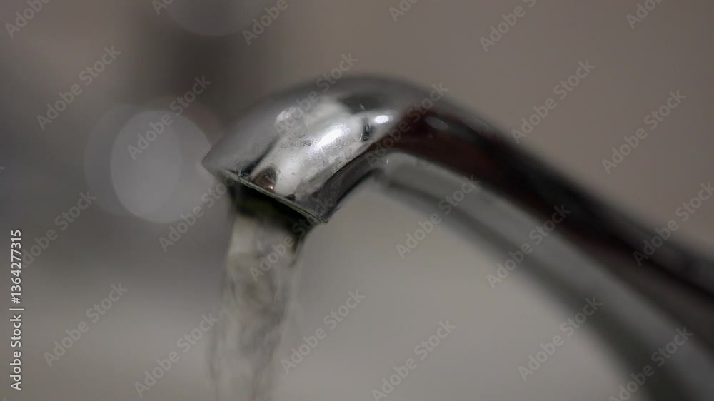 Close-up interior: Chrome water tap, water on and then off, copy space Close-up interior: Chrome water tap, water on and then off, copy space