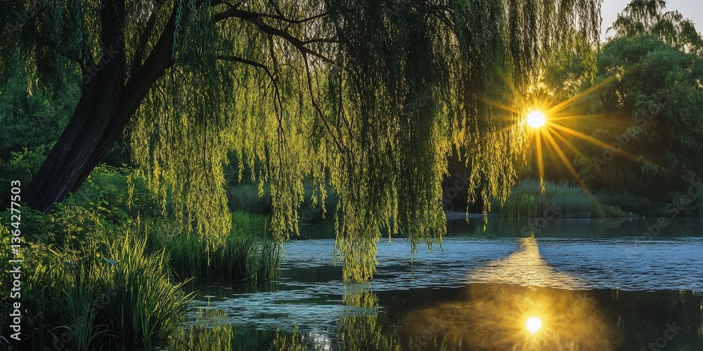 Obraz premium The slender, cascading leaves of a weeping willow softly illuminated by the early sun, with a serene pond nearby.