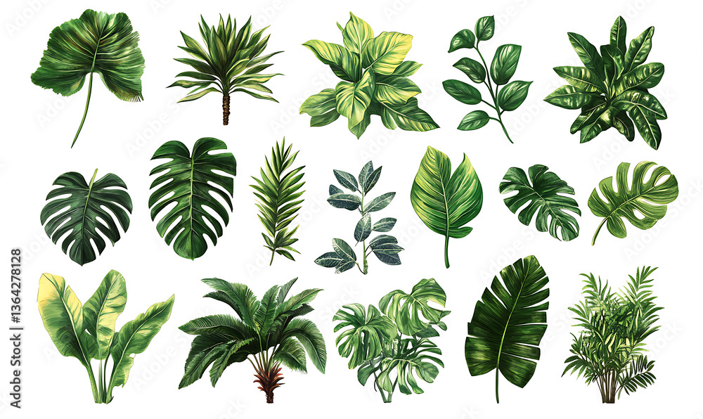 illustrations of various trees, leaves, grasses, and botanical elements on white background. illustrations of various trees, leaves, grasses, and botanical elements on white background.