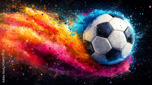Soccer ball in flight painted with paints