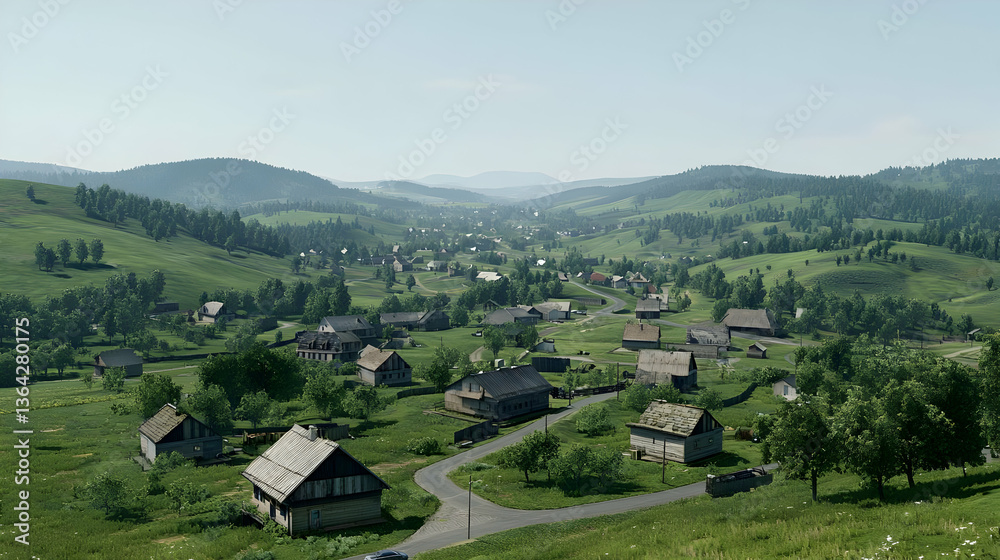Panoramic View Of An Idyllic Rural Village In A Valley Panoramic View Of An Idyllic Rural Village In A Valley