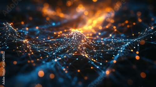 Abstract Blue and Orange Network Connection, Digital Data Flow, Futuristic Technology Background
