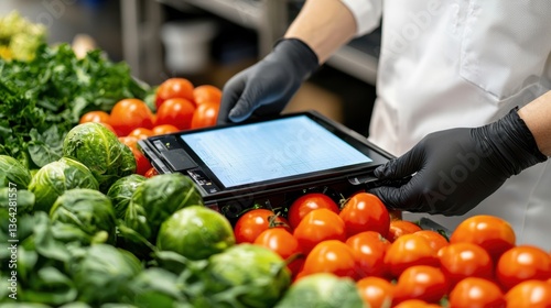 Digital Transformation of Sustainable Grocery Shopping and Healthy Meal chef using a tablet device to track inventory and analyze fresh produce data while surrounded by an assortment of