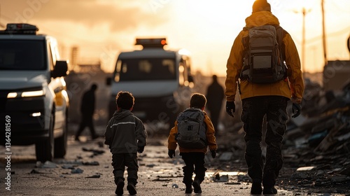 Homeless People Walking on Desolate Urban Street at Sunset  The scene depicts the harsh reality of poverty and homelessness with individuals trudging through a bleak