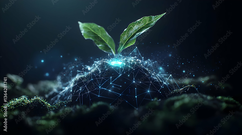 Digital Plant Sprout Growing From Soil With Glowing Lines Digital Plant Sprout Growing From Soil With Glowing Lines