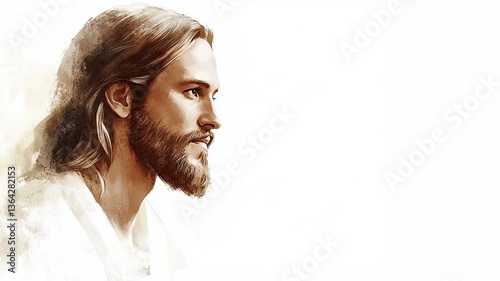 Side Profile Painting of Jesus Christ, Artistic watercolor side profile of Jesus Christ with long hair and beard, evoking peace, wisdom, and spiritual reflection.

