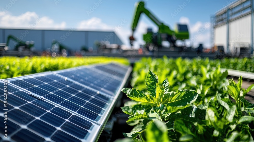 Fototapeta premium Solar energy photovoltaic panels installed in a modern industrial park with a large crane visible in the background against a blue sky with white clouds