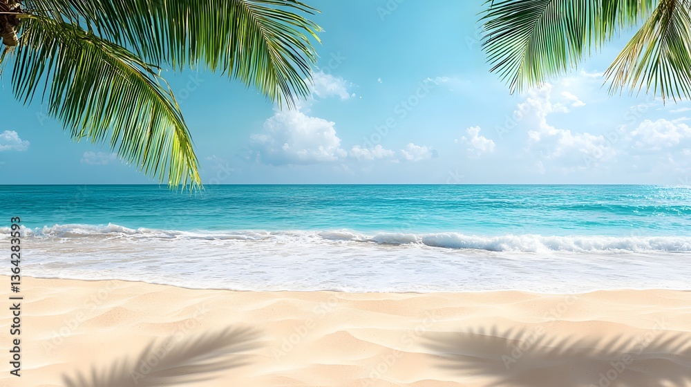 Idyllic beach surrounded by graceful palm trees under a bright sunlight creating a classic tropical paradise scene Idyllic beach surrounded by graceful palm trees under a bright sunlight creating a classic tropical paradise scene