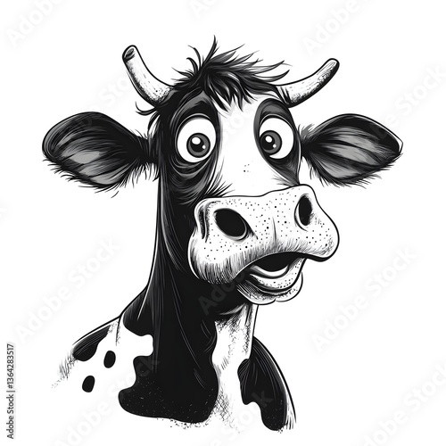 A comical black and white illustration of a cow looking surprised