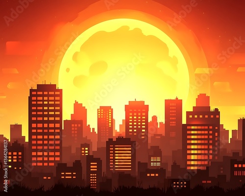 Cityscape Sunset Full Moon.