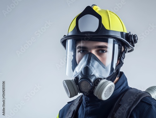 Firefighter portrait, safety gear, serious look.