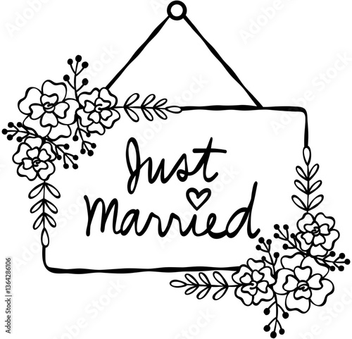 Just Married Floral Wedding Signage Hand Drawn Line Art Vector Illustration