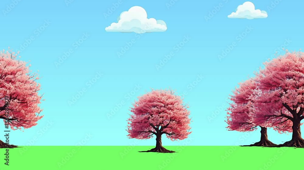 Animação de paisagem em loop da direita para a esquerda: animação simples em loop de cerejeiras em flor, céu azul e nuvens brancas na primavera