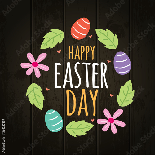 Easter Day Greeting Card with Floral Decorations on White Wooden Background
