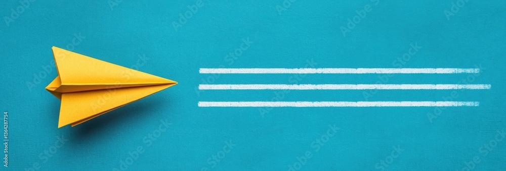 Fototapeta premium Yellow Paper Airplane Gliding on Teal Background with Motion Lines Indicating Swift Flight