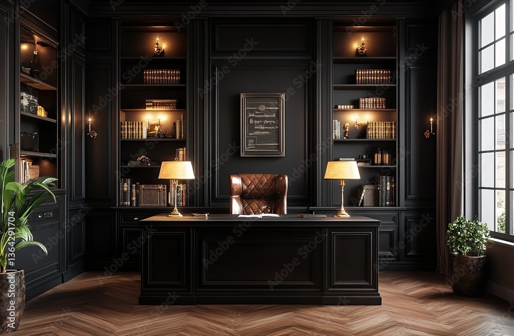 custom made wallpaper toronto digitalDark Wood Executive Office Study with Warm Lighting