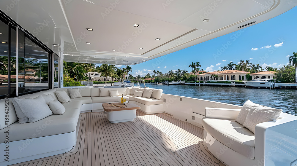 Fototapeta premium Luxury White Yacht Exterior With Open Deck Lounge Area Sunny Day And Blue Sky Over Residential Buildings