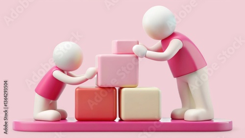 Special Needs Education 3D illustration concept. Two figures building with colorful blocks on a pink surface.