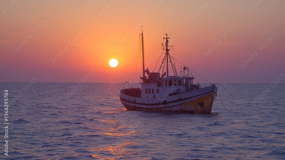 Fototapeta premium Fishing Boat at Sunset on Calm Ocean
