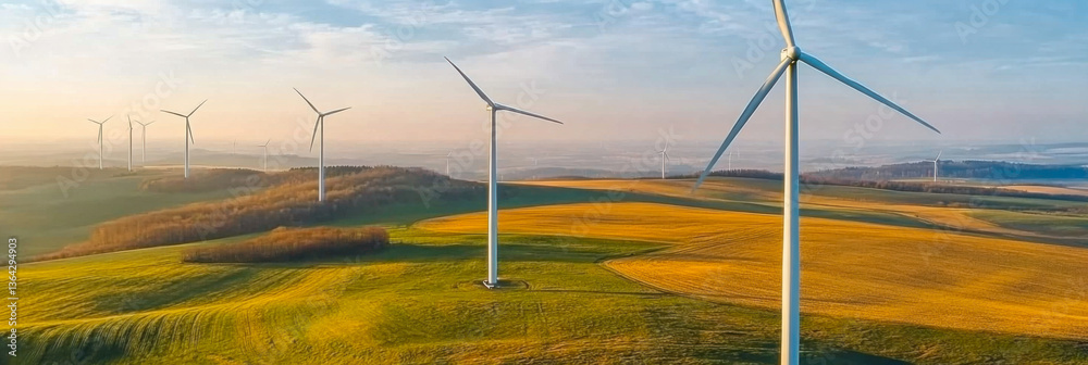 Panoramic view of wind farm or wind park, with high wind turbines for generation electricity