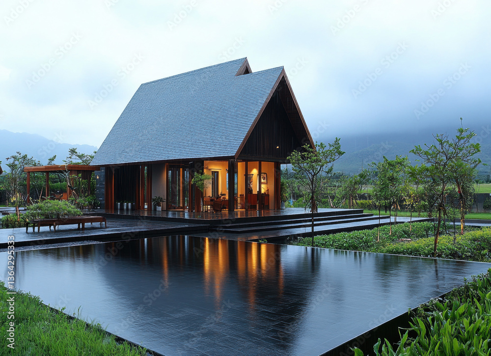 Obraz premium Charming wooden houses by the river and lake with reflections, surrounded by nature, trees, and a boat in a peaceful village setting