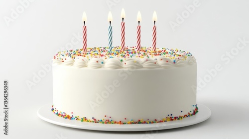A beautifully decorated birthday cake with colorful sprinkles and lit candles on a plain background